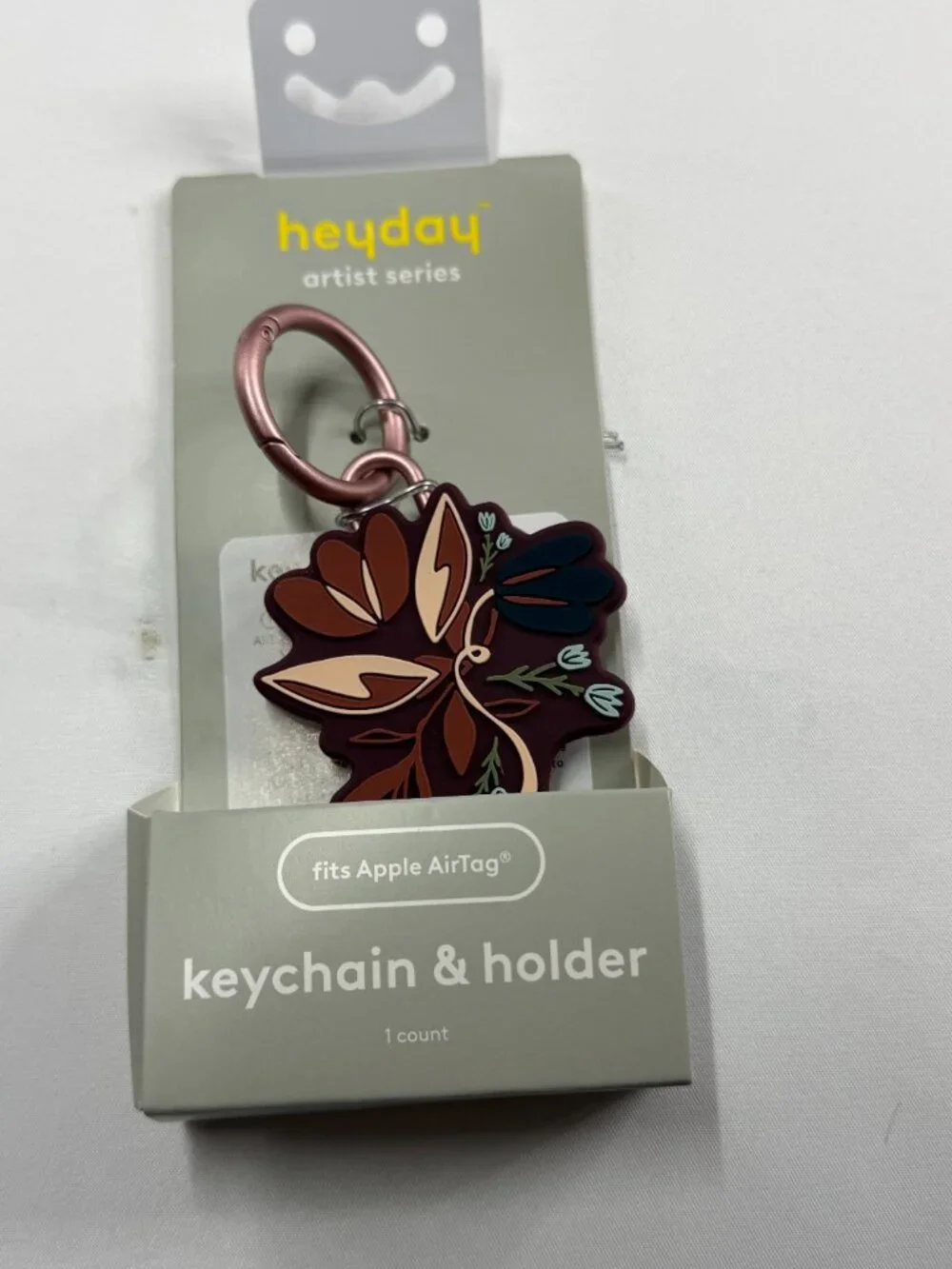 Heyday Artist Series AirTag Burgundy Keychain Holder Floral Carabiner Clip New